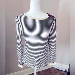 Lauren Navy and Cream Striped Top w/faux suede patch elbows , size M